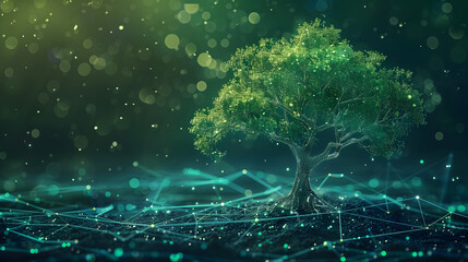 Obraz premium new technology startup concept with green tree growing from network of data