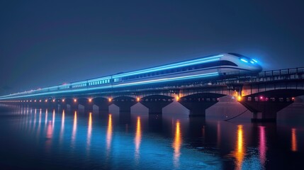 tren de alta velocidad cruzando un puente futurista por la noche, iluminado por una luz fantasmal que parece emanar del propio tren