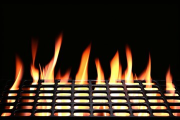 Dancing flames lick the grates of an empty grill, sparks illuminate the night sky in this close-up barbecue scene.