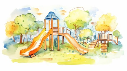 Fototapeta premium Colorful watercolor illustration of a playground in a park with slides, trees, and greenery on a sunny day.