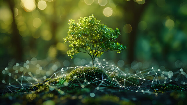 new technology startup concept with green tree growing from network of data