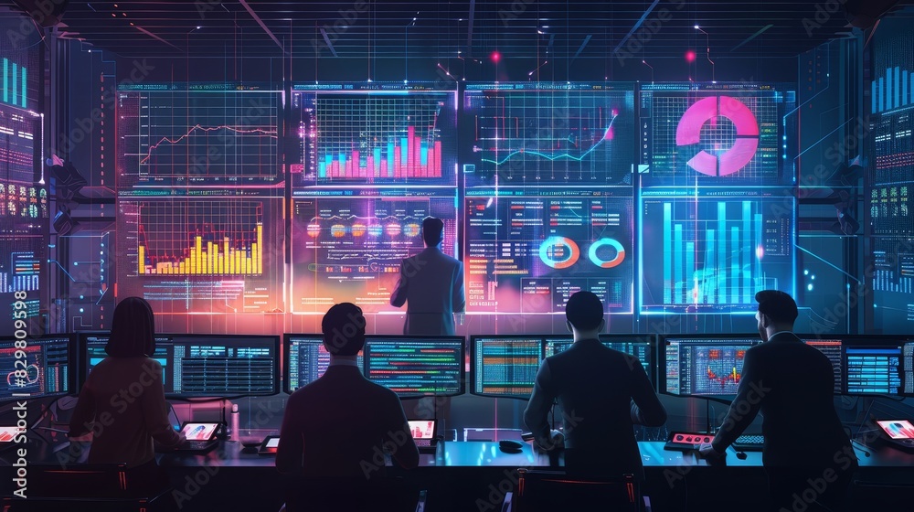Poster team of professionals analyzing data on multiple screens in a futuristic control room with graphs an