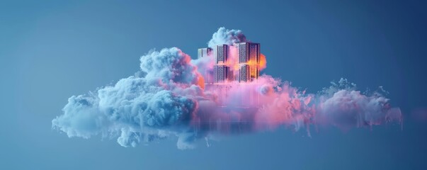 Surreal image of a modern skyscraper building resting on fluffy clouds with vibrant, colorful lighting in a dreamlike sky.