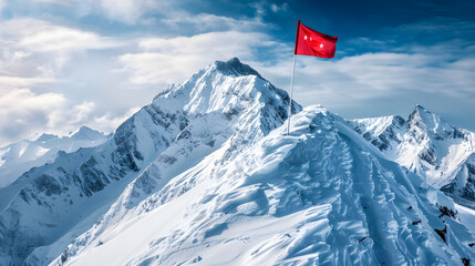 Panoramic image of red flag on snowy mountain peak , background for business achievements concept