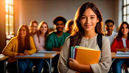 JOVEM ESTUDANTE SORRINDO SEGURANDO LIVROS E CADERNOS EM UM CONCEITO DE VOLTA ÀS AULAS E ENSINO SUPERIOR, UNIVERSITÁRIO E PREPARATÓRIO PARA CONCURSO PÚBLICO