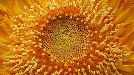 A macro shot of a sunflowerâs center, focusing on the pattern of seeds and bright yellow petals.