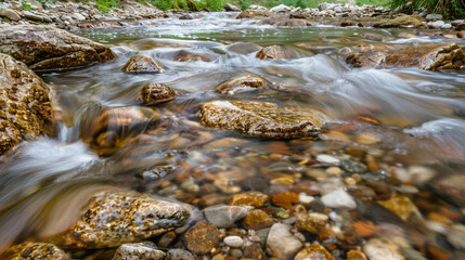 Fototapeta premium A detailed view of a mountain stream with clear water flowing over smooth stones.
