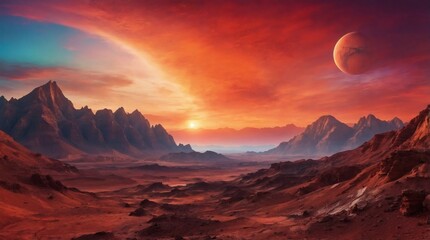 Martian sunrise,sunset, Landscape of Mars, the red planet, with towering mountains silhouetted against the colorful sky.