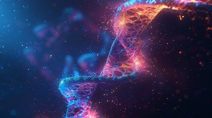 Futuristic abstract DNA helix, bioengineering concept with vibrant glowing colors and intricate textures. Perfect for science and tech themes.