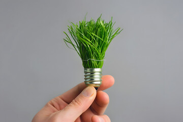 hand holding a lightbulb with fresh green grass. concept eco friendly innovation. generative ai