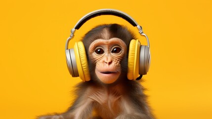 A little monkey in headphones listens to music on a yellow background.