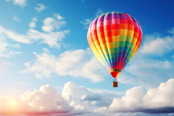 Naklejka premium Hot air balloon flying high in blue sky. Background with selective focus and copy space