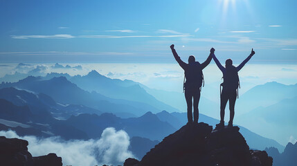 Silhouette of two hikers with arms raised celebrating success on mountain top in panoramic mountain scene