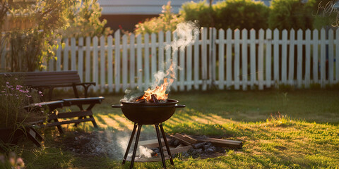 Metal fire bowl with burning wood in the yard