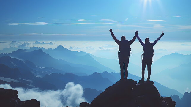 Silhouette of two hikers with arms raised celebrating success on mountain top in panoramic mountain scene