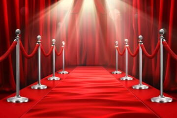 Luxurious event setup  red carpet, velvet ropes, elegant curtains, and captivating spotlight