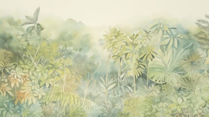 Serene watercolor painting lush tropical jungle foliage subtle earthy tones delicate detailing.
