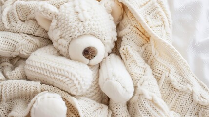 Wrapped in a baby blanket, a white teddy bear with his eyes closed looks especially cute and cozy. He brings a sense of peace and relaxation, perfect for naptime snuggles.