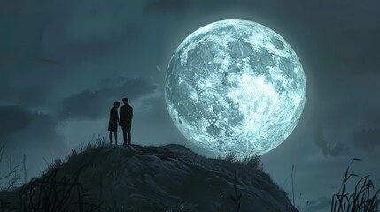 A couple stands on a hilltop, gazing at the full moon. The moon's light creates a romantic and peaceful setting, perfect for sharing a quiet moment together.