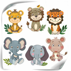 a Set Cute African animals on a White Canvas Sticker,vector image