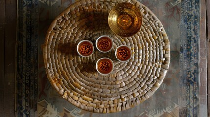 five cups and a bowl with dates placed on a round woven mat, in the style of a Ramadan concept, against a dark wooden background with space for copy text.