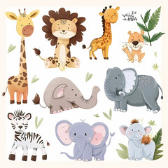 Naklejka premium a Set Cute African animals on a White Canvas Sticker,vector image