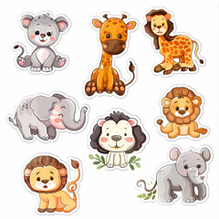 a Set Cute African animals on a White Canvas Sticker,vector image