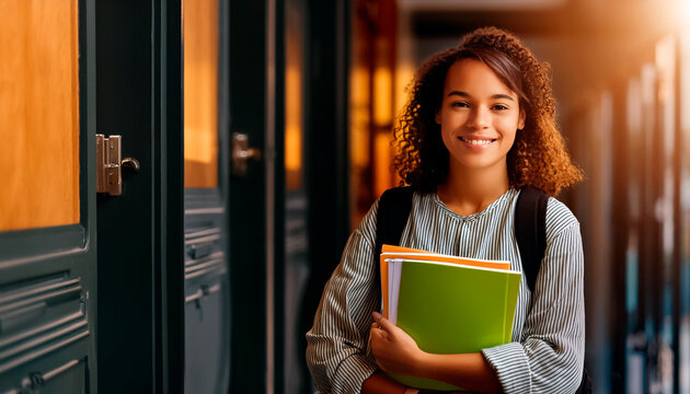 JOVEM ESTUDANTE SORRINDO SEGURANDO LIVROS E CADERNOS EM UM CONCEITO DE VOLTA &Agrave;S AULAS E ENSINO SUPERIOR, UNIVERSIT&Aacute;RIO E PREPARAT&Oacute;RIO PARA CONCURSO P&Uacute;BLICO