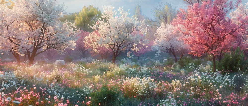 Wall mural an expansive photograph of a spring field with cherry