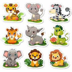 Obraz premium a Set Cute African animals on a White Canvas Sticker,vector image