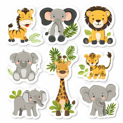 a Set Cute African animals on a White Canvas Sticker,vector image