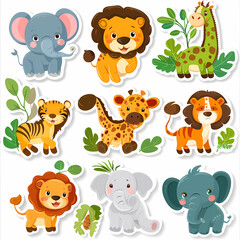 Fototapeta premium a Set Cute African animals on a White Canvas Sticker,vector image