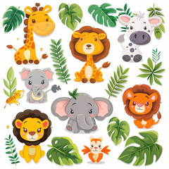 Fototapeta premium a Set Cute African animals on a White Canvas Sticker,vector image