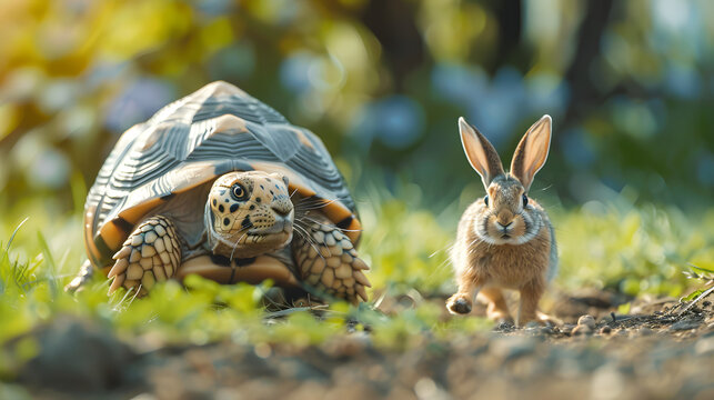 tortoise leading in a hare race in strategy and leadership concept
