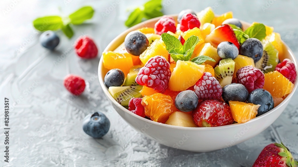 Poster A bowl of colorful, fresh fruit salad on a white table, copy space