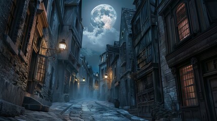 A full moon lights up a cobblestone street in a historic town. The old buildings and narrow alleys are bathed in a soft, nostalgic glow.