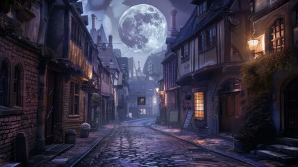 Obraz premium A full moon lights up a cobblestone street in a historic town. The old buildings and narrow alleys are bathed in a soft, nostalgic glow.