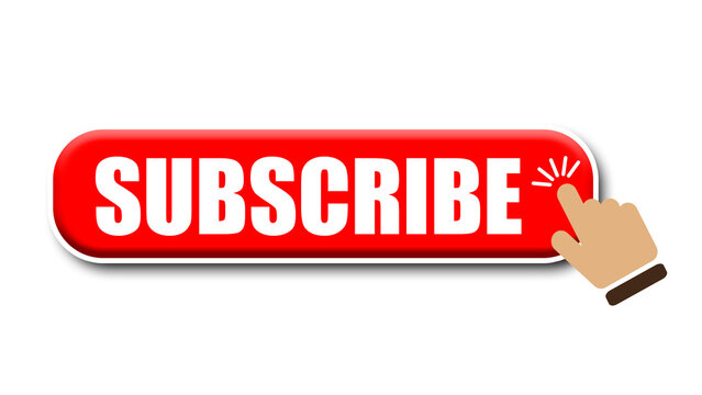 Hand cursor clicking on red subscribe button. Subscribe button. Hand pointer icon. Subscription service. Social media concept. Streaming video. Play button vector icon. Vector graphic.