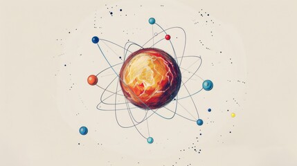 A colorful diagram of a carbon atom, detailing the positions of electrons, protons, and neutrons, with labels and a clean, educational design.