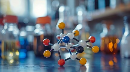A colorful molecular model placed on a laboratory table, with various chemicals and lab tools in the background, showcasing the study of chemistry.