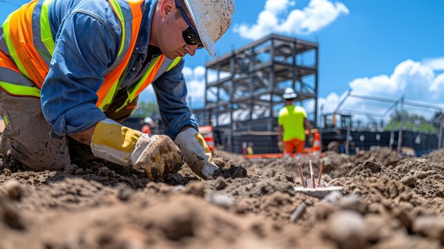 A geotechnical engineer studies soil samples at a construction site. They are determining the suitability of the ground for building a new structure.
