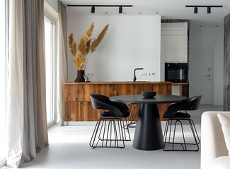 A hammac style dining room interior with a black table, chairs and armchair in the style of modern white walls interior with a wooden cabinet and plant decor