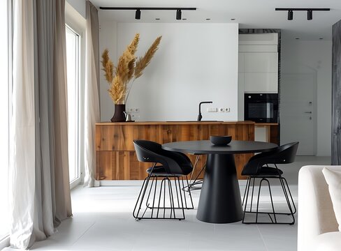 A hammac style dining room interior with a black table, chairs and armchair in the style of modern white walls interior with a wooden cabinet and plant decor