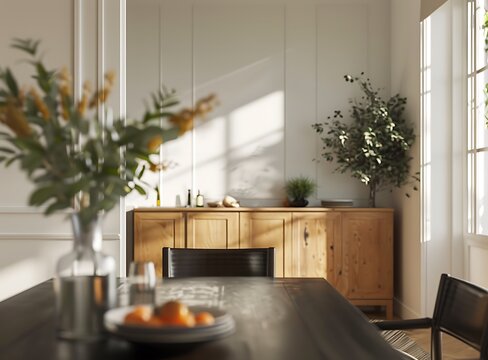 A hammac style dining room interior with a black table, chairs and armchair in the style of modern white walls interior with a wooden cabinet and plant decor