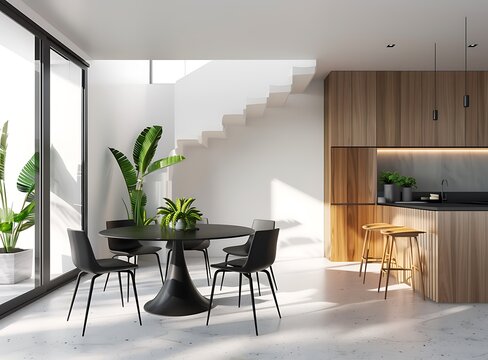 A hammac style dining room interior with a black table, chairs and armchair in the style of modern white walls interior with a wooden cabinet and plant decor