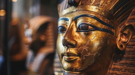 A golden mask from an ancient civilization, displayed in a museum. The mask's intricate carvings...