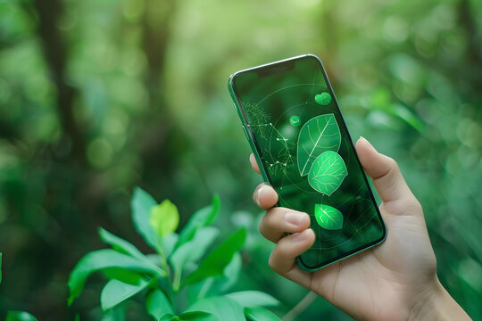 hand holding a smartphone with green apps. concept technology for sustainability. generative ai