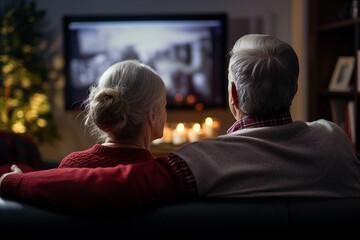 Elderly couple pensioners spending time together watching tv set generative AI portrait