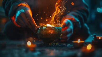 A goldsmith melting gold in a crucible, preparing to pour it into molds. The intense heat and glowing liquid gold create a captivating and powerful image.