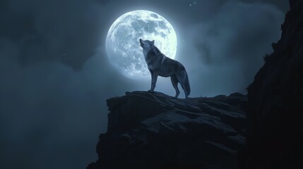 A lone wolf stands on a rocky cliff, howling at the full moon. The moon's light highlights the wolf's silhouette, creating a powerful and haunting image.